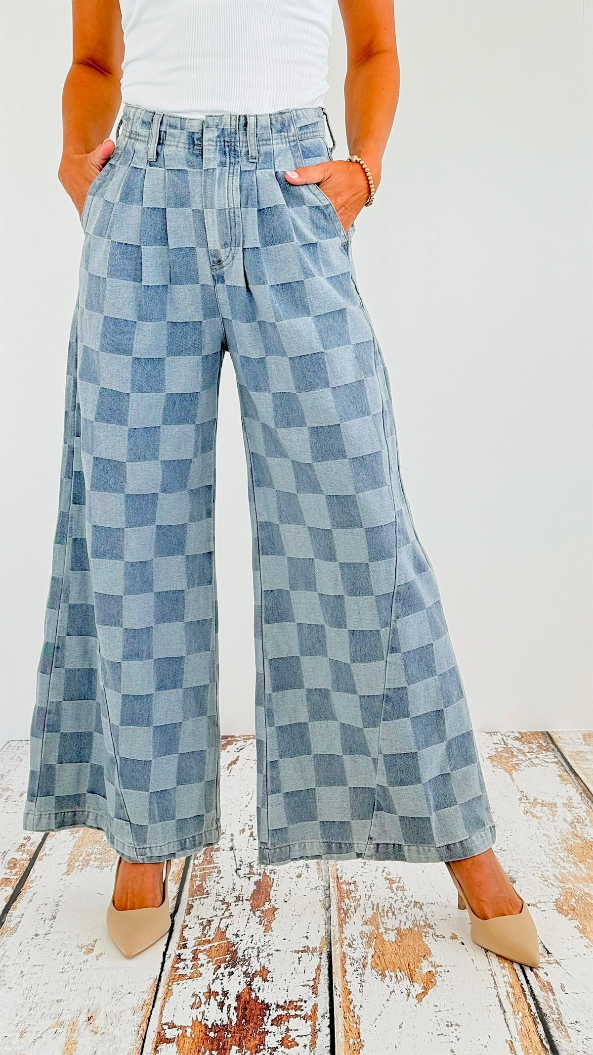 Checkered Washed Wide Denim Pants-170 Bottoms-BIBI-Coastal Bloom Boutique, find the trendiest versions of the popular styles and looks Located in Indialantic, FL