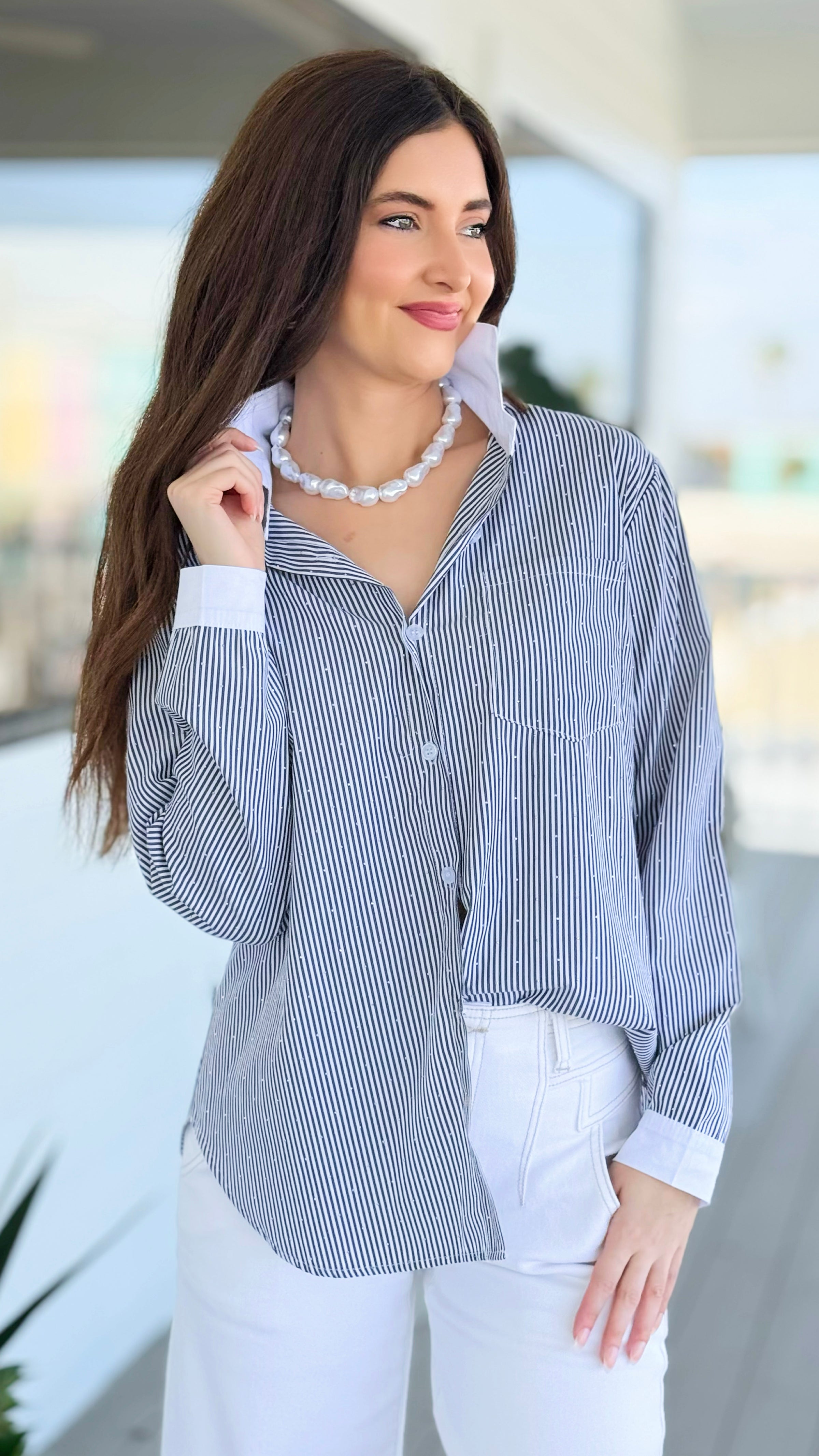 Detail Shine Striped Italian Button Top- Black/White