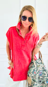 Weekend Ease Washed Collar Top - Red-110 Short Sleeve Tops-White Birch-Coastal Bloom Boutique, find the trendiest versions of the popular styles and looks Located in Indialantic, FL