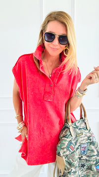 Weekend Ease Washed Collar Top - Red-110 Short Sleeve Tops-White Birch-Coastal Bloom Boutique, find the trendiest versions of the popular styles and looks Located in Indialantic, FL