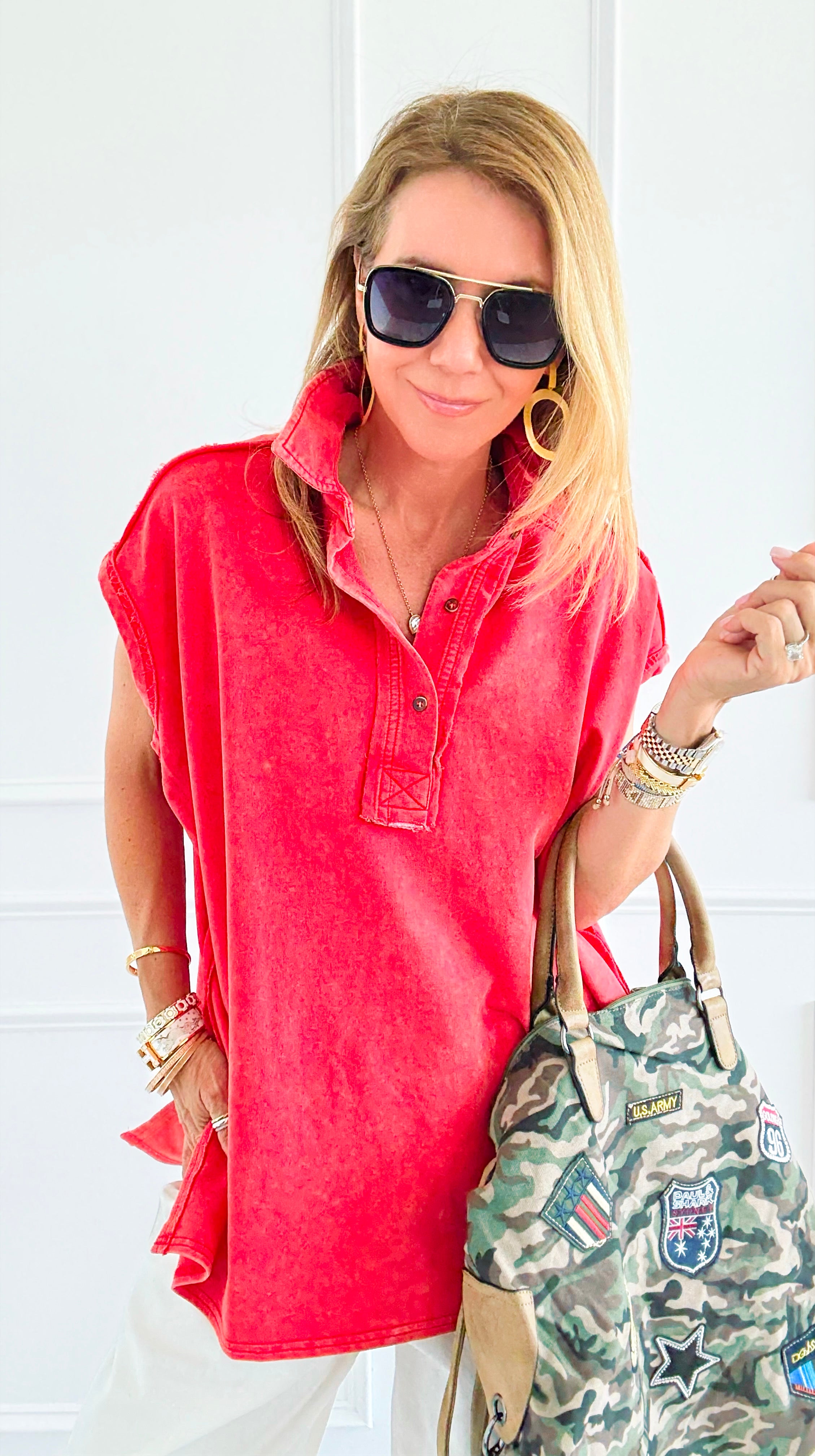 Weekend Ease Washed Collar Top - Red-110 Short Sleeve Tops-White Birch-Coastal Bloom Boutique, find the trendiest versions of the popular styles and looks Located in Indialantic, FL