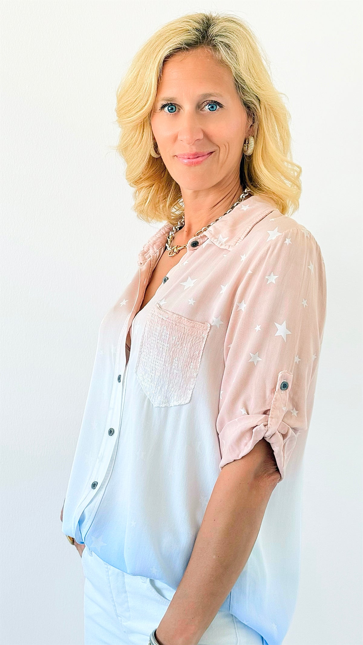 Ombre Stars & Sequin Italian Shirt-130 Long Sleeve Tops-Venti6 Outlet-Coastal Bloom Boutique, find the trendiest versions of the popular styles and looks Located in Indialantic, FL
