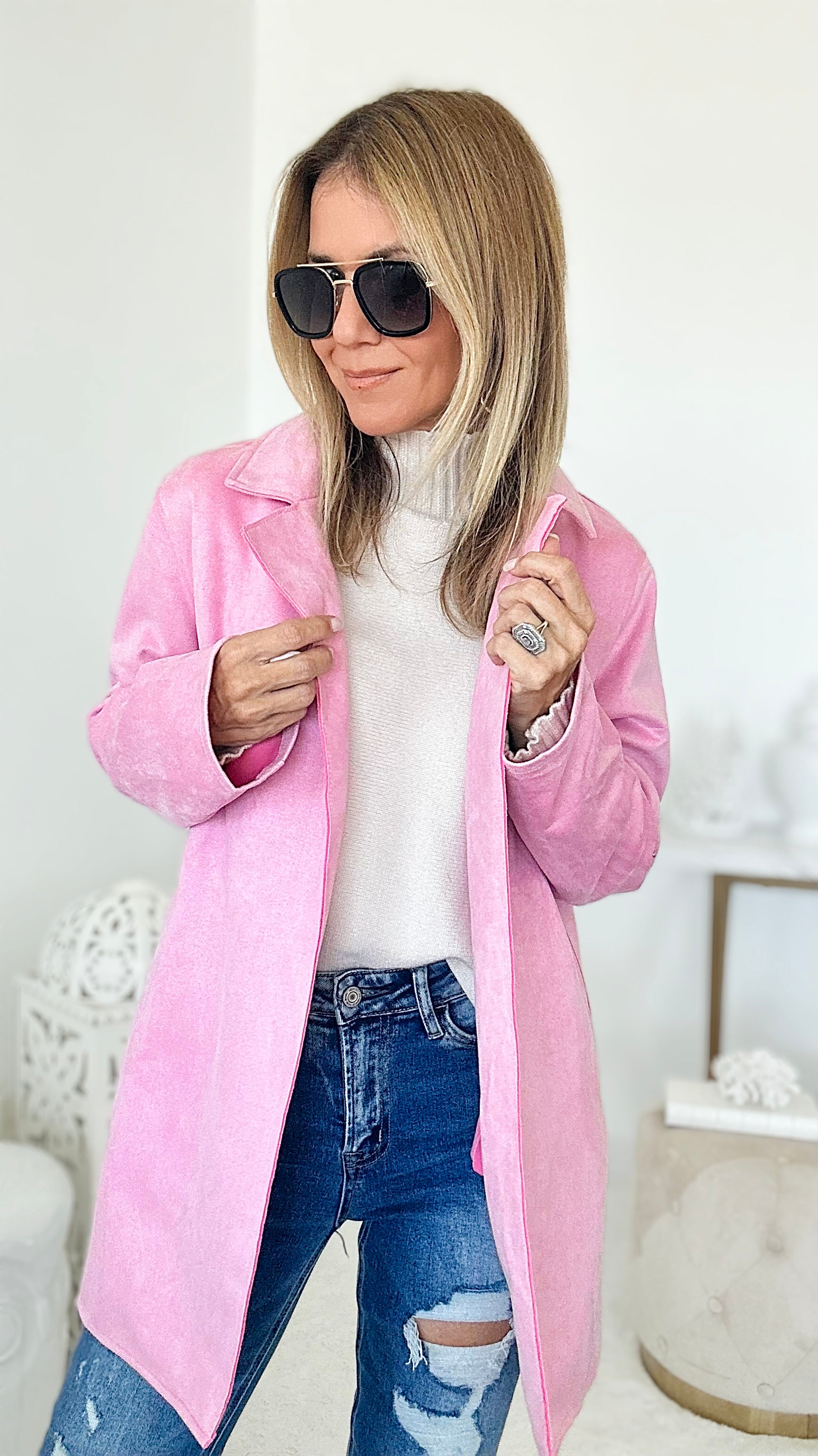 Solid Collar Coat - Pink-160 Jackets-Love Tree Fashion-Coastal Bloom Boutique, find the trendiest versions of the popular styles and looks Located in Indialantic, FL