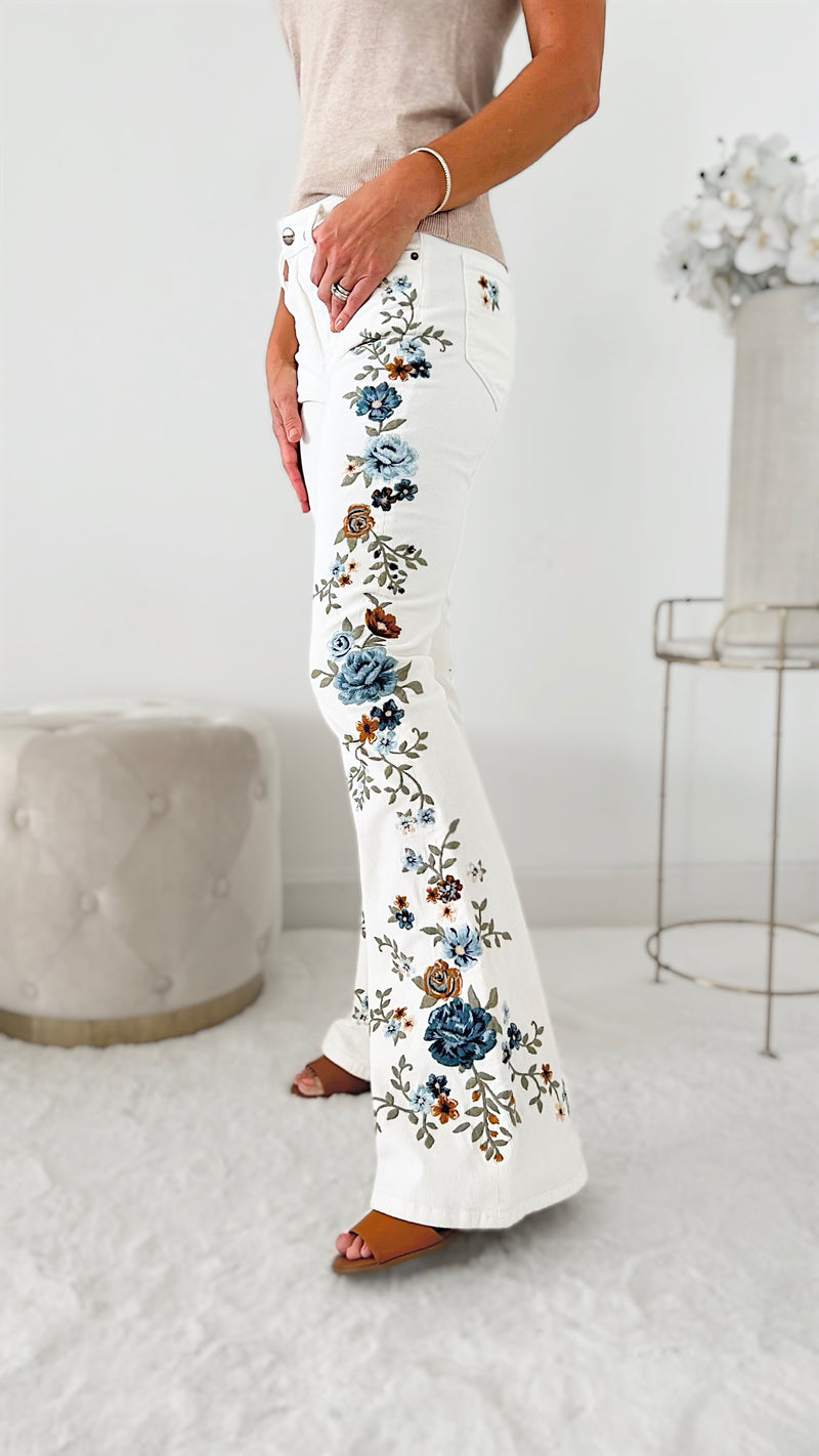 Flower Embroidered Corduroy Jeans-190 Denim-AV Denim - Driftwood-Coastal Bloom Boutique, find the trendiest versions of the popular styles and looks Located in Indialantic, FL