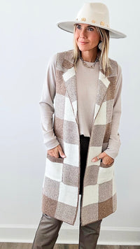 Open Front Plaid Sweater Vest - Khaki-150 Cardigans/Layers-Love Tree Fashion-Coastal Bloom Boutique, find the trendiest versions of the popular styles and looks Located in Indialantic, FL