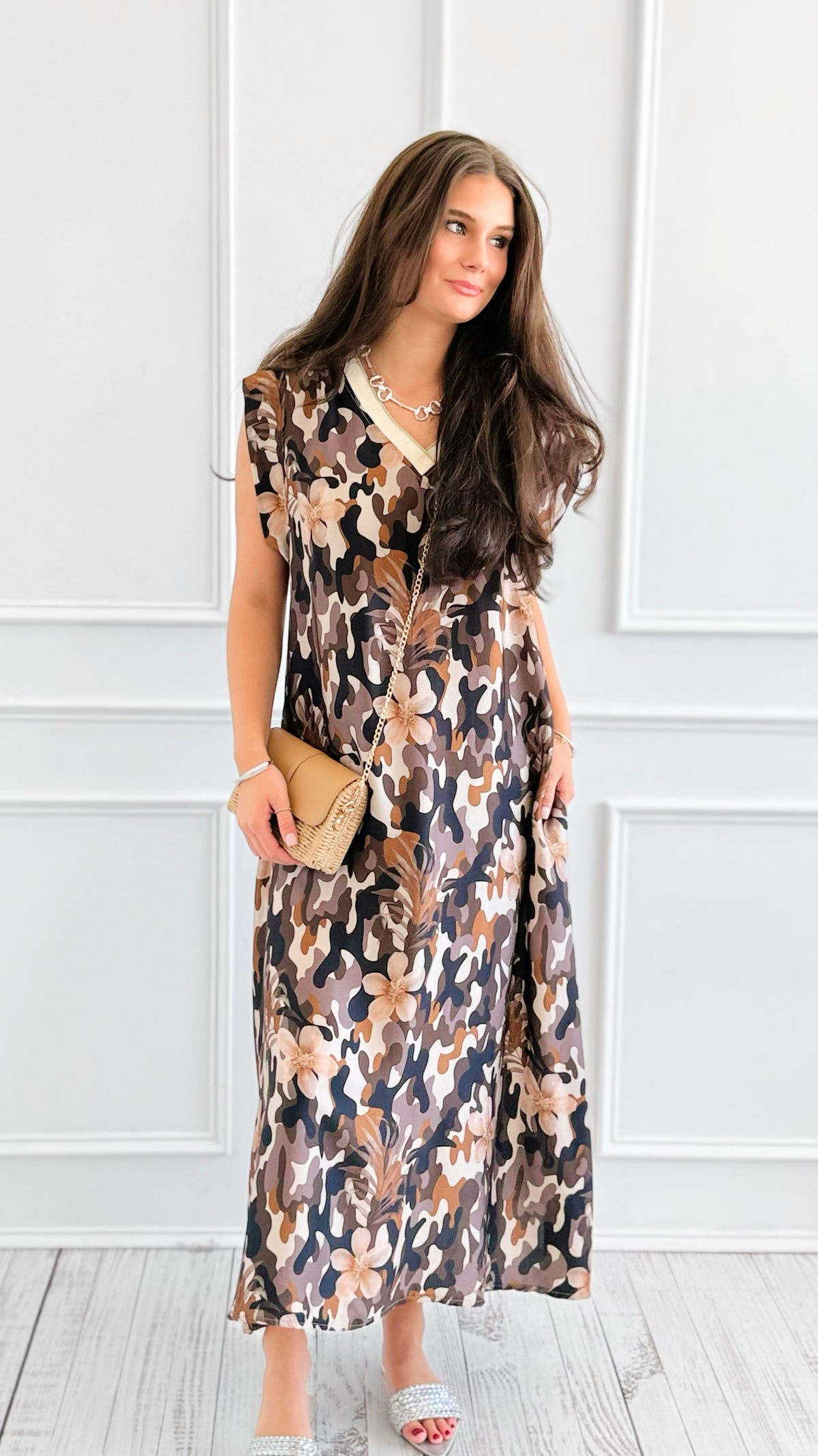 Bloom Camo Shimmer V-neck Italian Long Dress-200 Dresses/Jumpsuits/Rompers-1988-Coastal Bloom Boutique, find the trendiest versions of the popular styles and looks Located in Indialantic, FL