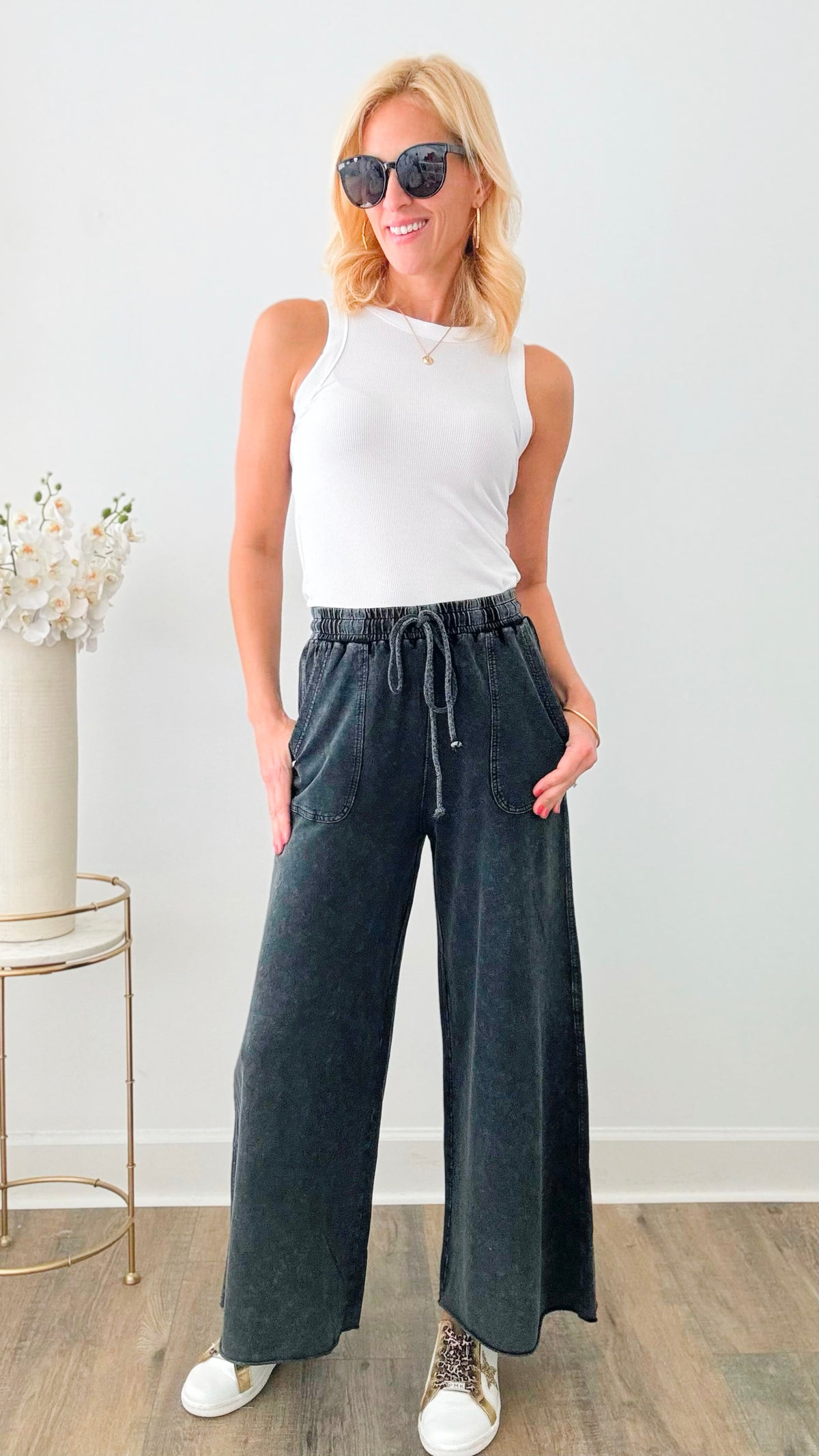 Washed Terry Knit Wide SweatPants- Black-170 Bottoms-EASEL-Coastal Bloom Boutique, find the trendiest versions of the popular styles and looks Located in Indialantic, FL