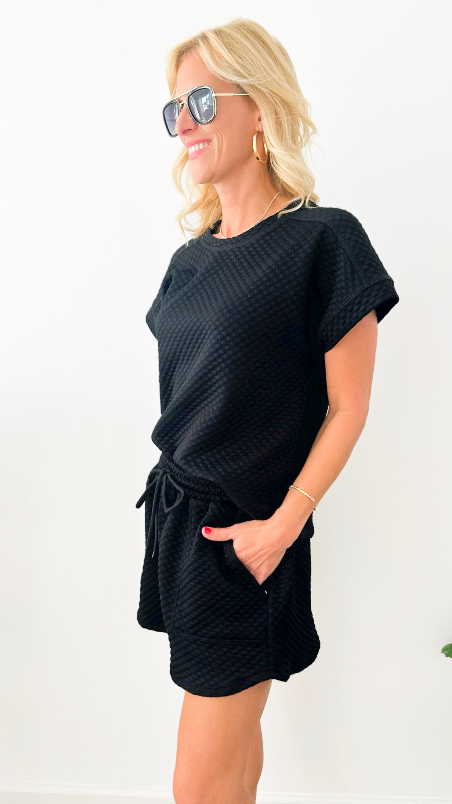 Comfy Quilted Short Sleeves Top - Black-110 Short Sleeve Tops-Jodifl-Coastal Bloom Boutique, find the trendiest versions of the popular styles and looks Located in Indialantic, FL