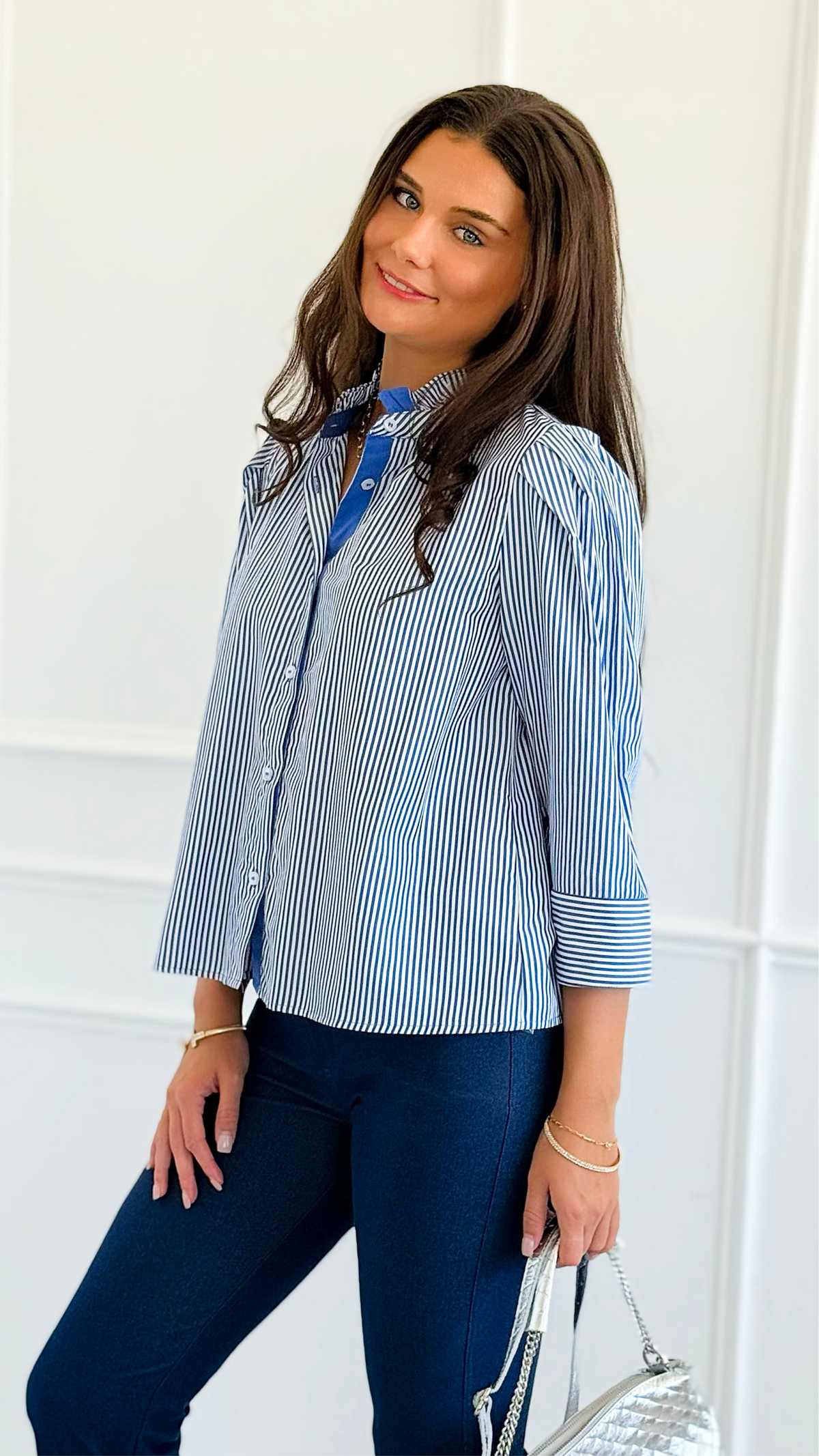 Graceful Stripes Button-Up Blouse - Blue-130 Long sleeve top-Jodifl-Coastal Bloom Boutique, find the trendiest versions of the popular styles and looks Located in Indialantic, FL