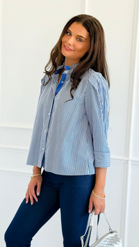 Graceful Stripes Button-Up Blouse - Blue-130 Long sleeve top-Jodifl-Coastal Bloom Boutique, find the trendiest versions of the popular styles and looks Located in Indialantic, FL