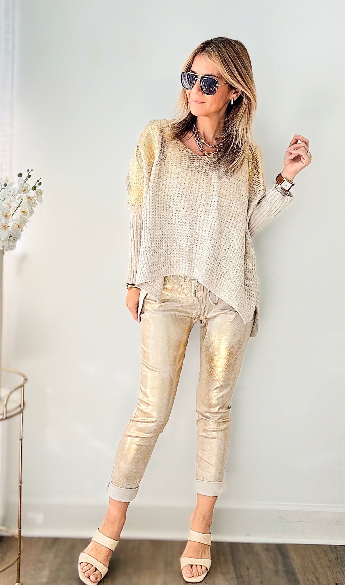 Glistening Italian Joggers - Ecru/ Gold-180 Joggers-Germany-Coastal Bloom Boutique, find the trendiest versions of the popular styles and looks Located in Indialantic, FL