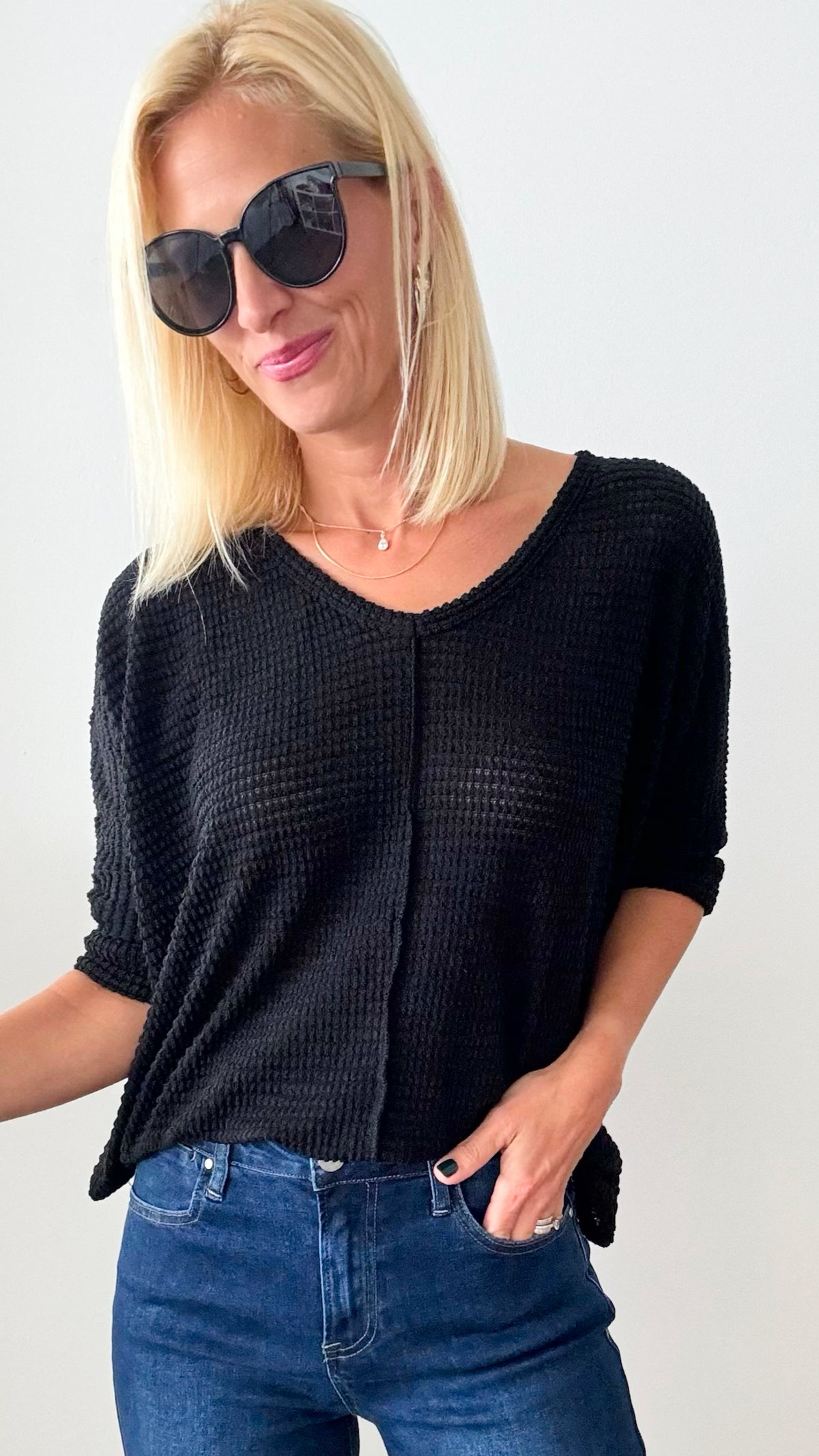 Hi-Low Hem Jacquard Sweater - Black-140 Sweaters-Zenana-Coastal Bloom Boutique, find the trendiest versions of the popular styles and looks Located in Indialantic, FL