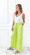 Angora Italian Satin Pant - Lime-170 Bottoms-Italianissimo-Coastal Bloom Boutique, find the trendiest versions of the popular styles and looks Located in Indialantic, FL