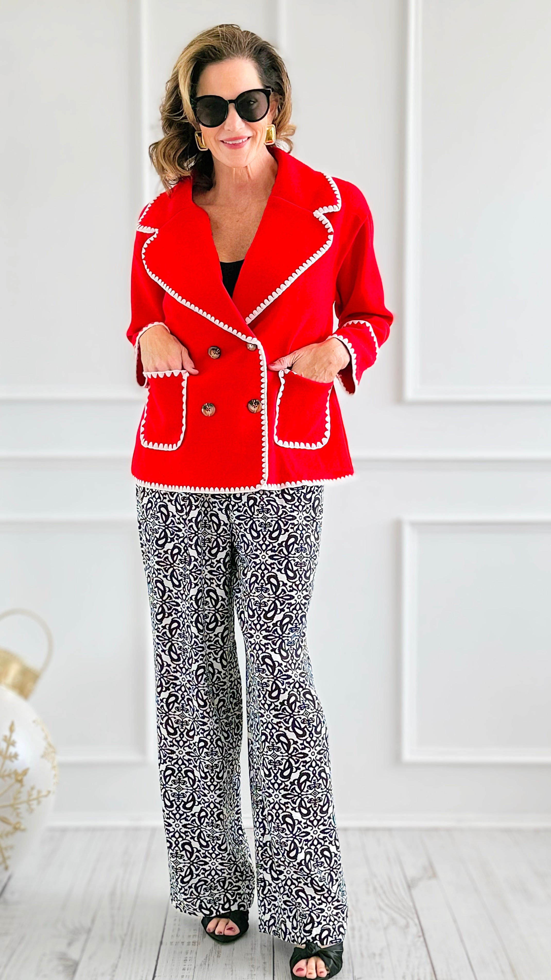Blanket Stitch Elegance Jacket - Red-160 Jackets-IRIS-Coastal Bloom Boutique, find the trendiest versions of the popular styles and looks Located in Indialantic, FL