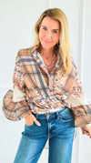Garden Plaid Ruffle Bell Sleeve Italian Blouse-130 Long sleeve top-Italianissimo-Coastal Bloom Boutique, find the trendiest versions of the popular styles and looks Located in Indialantic, FL