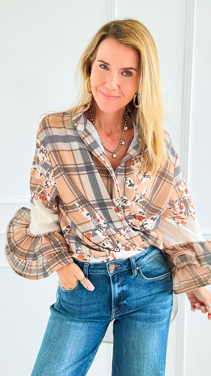 Garden Plaid Ruffle Bell Sleeve Italian Blouse-130 Long sleeve top-Italianissimo-Coastal Bloom Boutique, find the trendiest versions of the popular styles and looks Located in Indialantic, FL