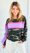 Camo French Terry Stripe Sleeve Top-130 Long Sleeve Tops-BIBI-Coastal Bloom Boutique, find the trendiest versions of the popular styles and looks Located in Indialantic, FL