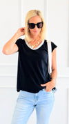 Shimmer Trim V-Neck Italian Top- Black-110 short Sleeve Top-SARL LACOMY-Coastal Bloom Boutique, find the trendiest versions of the popular styles and looks Located in Indialantic, FL
