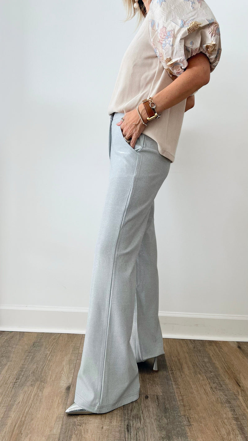 Glittery Wide Leg Dress Pants - Silver-170 Bottoms-KIWI-Coastal Bloom Boutique, find the trendiest versions of the popular styles and looks Located in Indialantic, FL