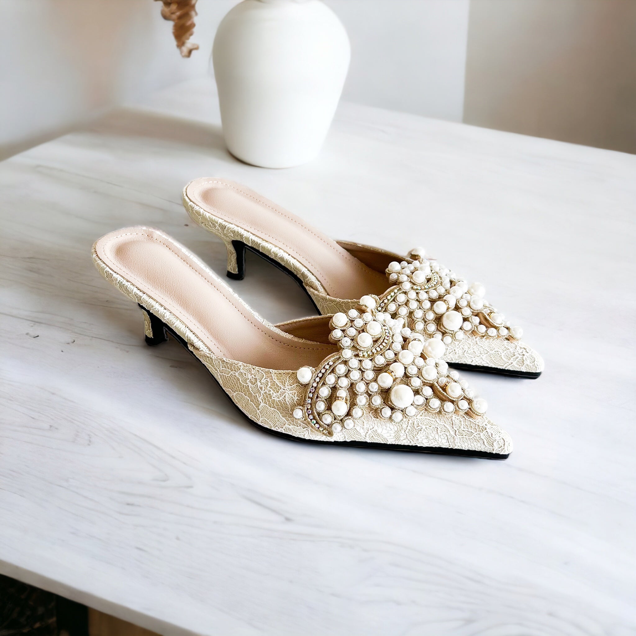 Pearl & Rhinestone Decoration Mules - Ivory-250 Shoes-Darling-Coastal Bloom Boutique, find the trendiest versions of the popular styles and looks Located in Indialantic, FL