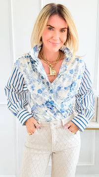 Garden Poise Mixed-Print Button Down Top-130 Long Sleeve Tops-JODIFL-Coastal Bloom Boutique, find the trendiest versions of the popular styles and looks Located in Indialantic, FL