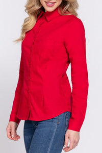 Long Sleeve Poplin Button Down Blouse- Red-130 Long sleeve top-Active Basic-Coastal Bloom Boutique, find the trendiest versions of the popular styles and looks Located in Indialantic, FL