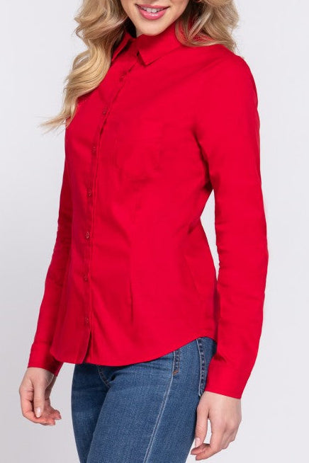 Long Sleeve Poplin Button Down Blouse- Red-130 Long sleeve top-Active Basic-Coastal Bloom Boutique, find the trendiest versions of the popular styles and looks Located in Indialantic, FL