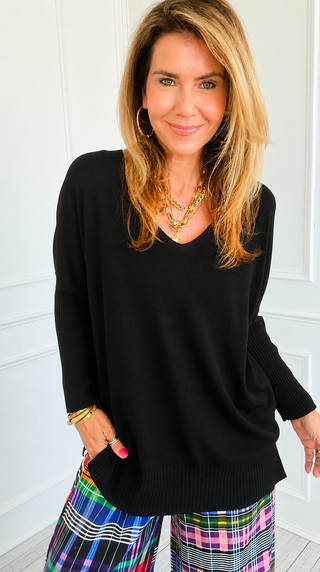 Max Coastal Evening V- Neck Italian Knit Top- Black