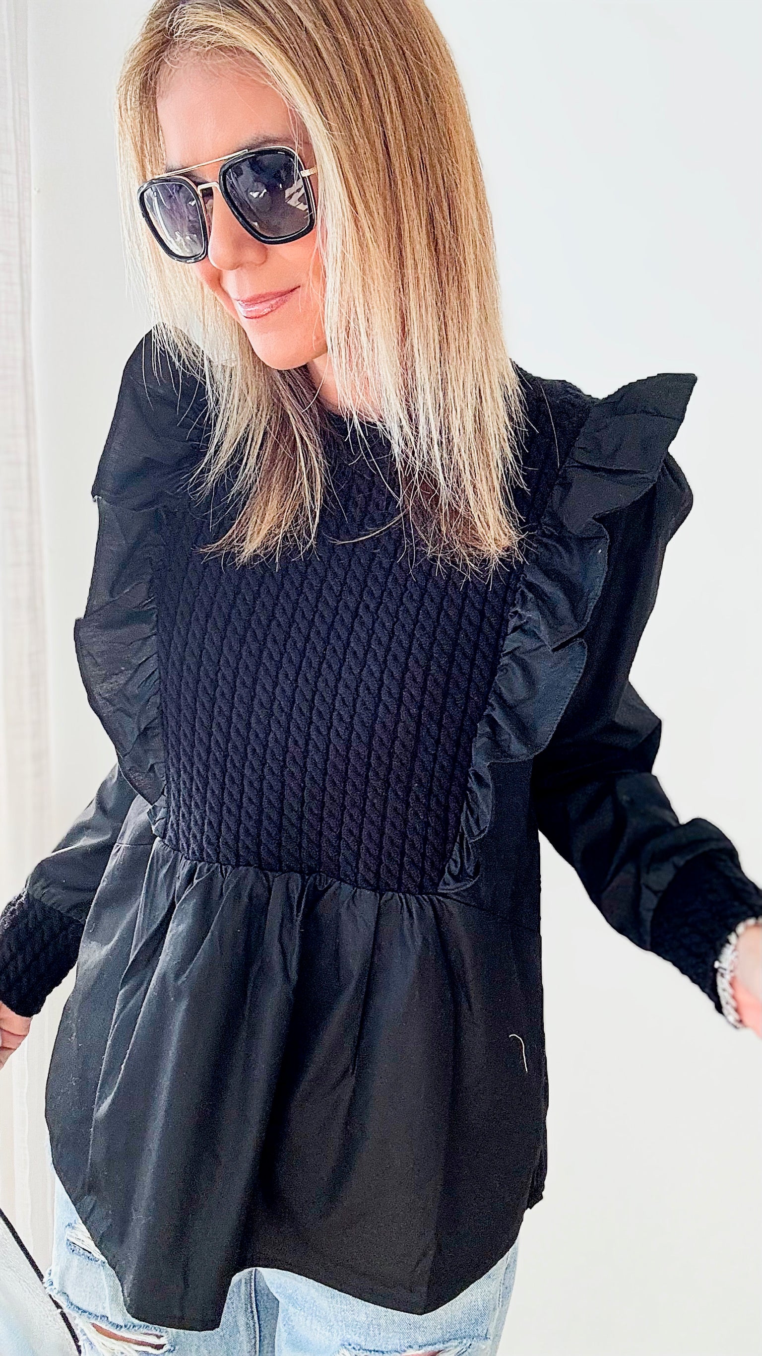 Stella Crochet Poplin Ruffle Blouse-130 Long Sleeve Tops-Joh Apparel-Coastal Bloom Boutique, find the trendiest versions of the popular styles and looks Located in Indialantic, FL