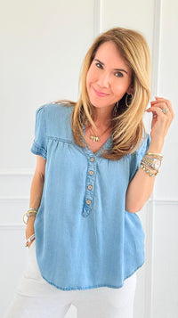 Relaxed V-Neck Chambray Top-110 Short Sleeve Tops-Blu Pepper-Coastal Bloom Boutique, find the trendiest versions of the popular styles and looks Located in Indialantic, FL