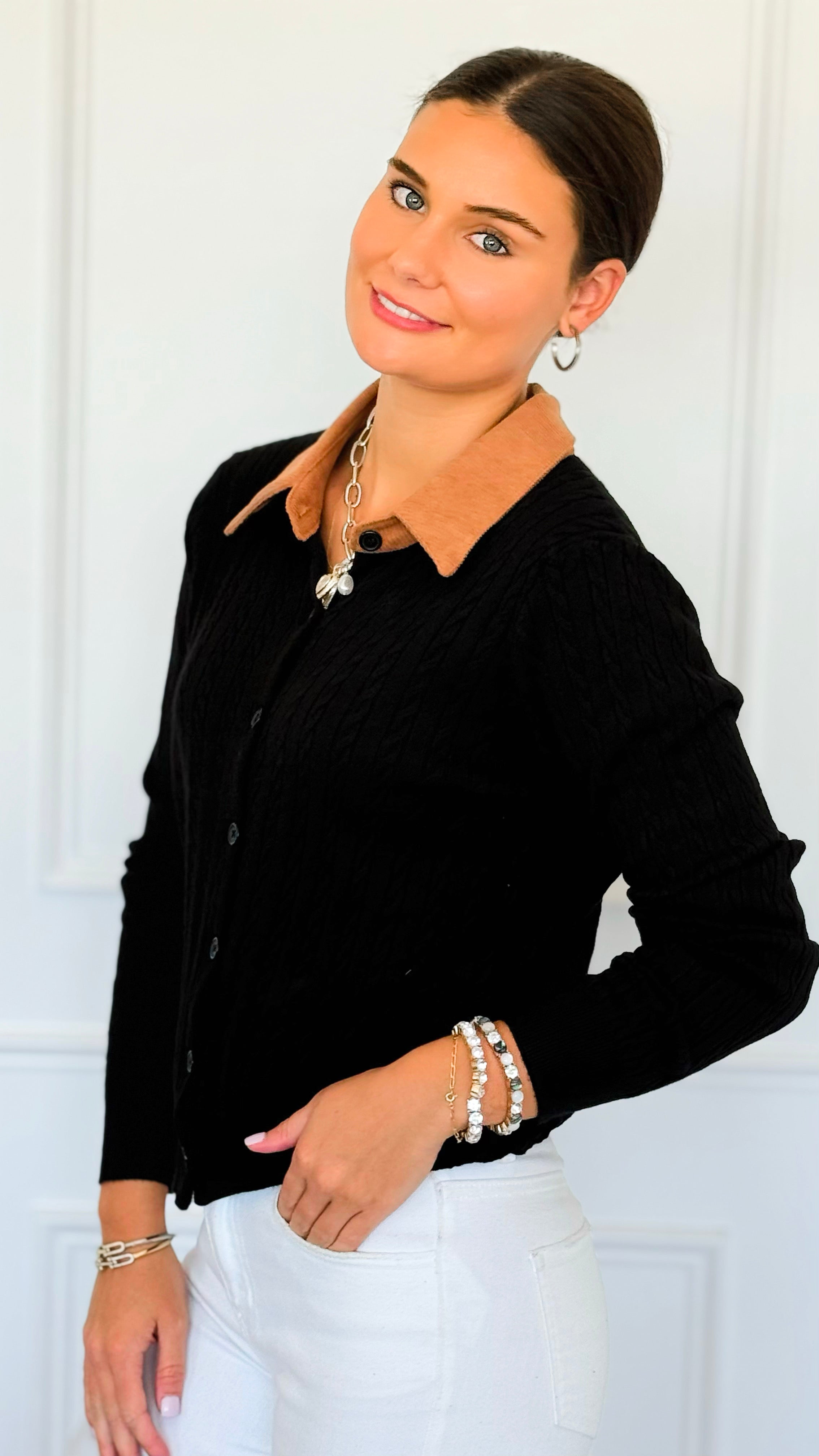 Cable Stitch Italian Button Cardigan- Black-170 Bottoms-Italianissimo-Coastal Bloom Boutique, find the trendiest versions of the popular styles and looks Located in Indialantic, FL