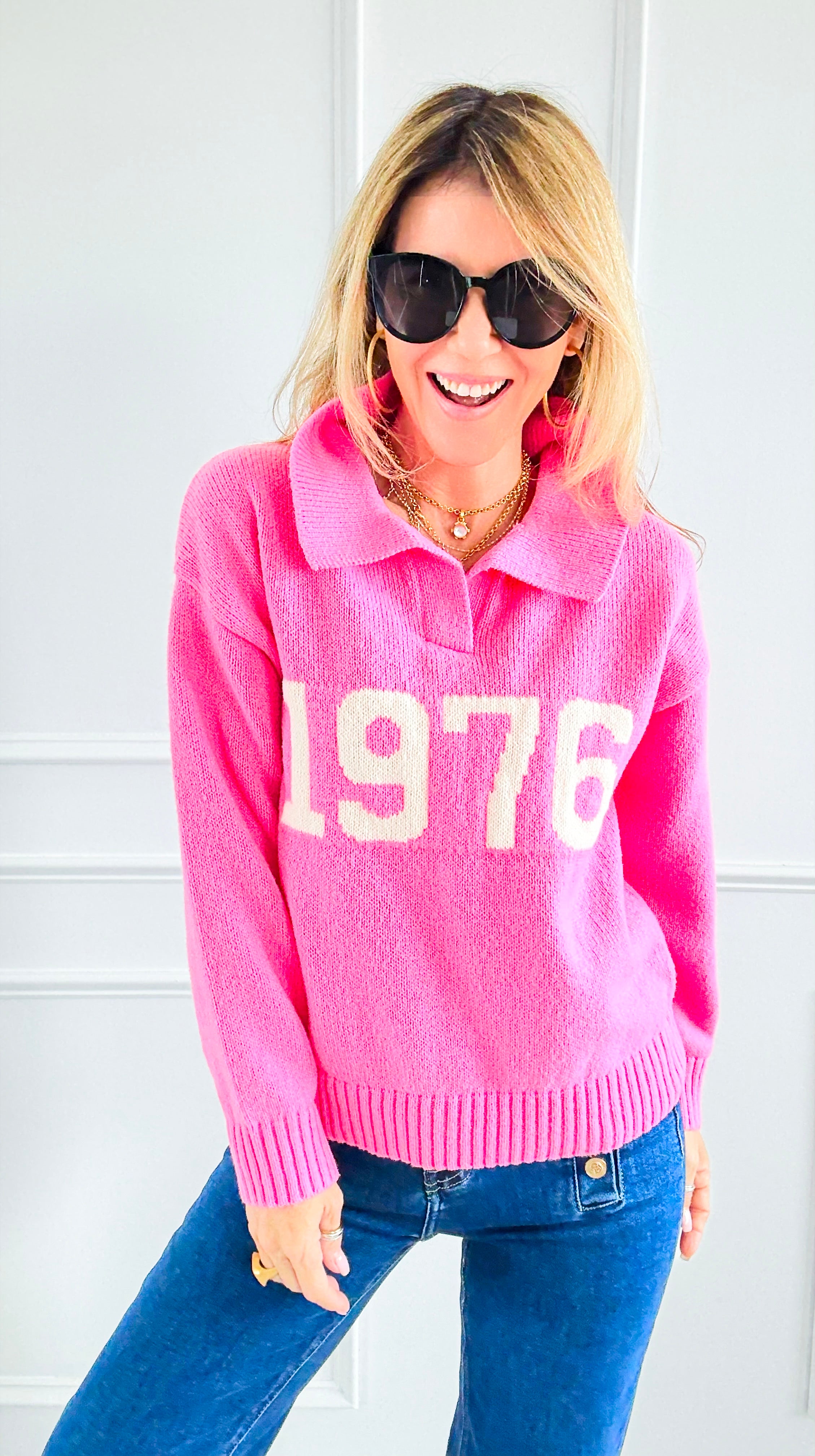 1976 Pink Sweater-140 Sweaters-Lovelo x GeeGee-Coastal Bloom Boutique, find the trendiest versions of the popular styles and looks Located in Indialantic, FL
