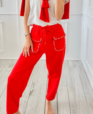 Studded Pocket Italian Jogger Pant - Red