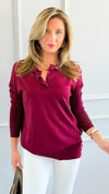 Polished Collar Knit Polo Top - Burgundy-130 Long Sleeve Tops-ROUSSEAU-Coastal Bloom Boutique, find the trendiest versions of the popular styles and looks Located in Indialantic, FL