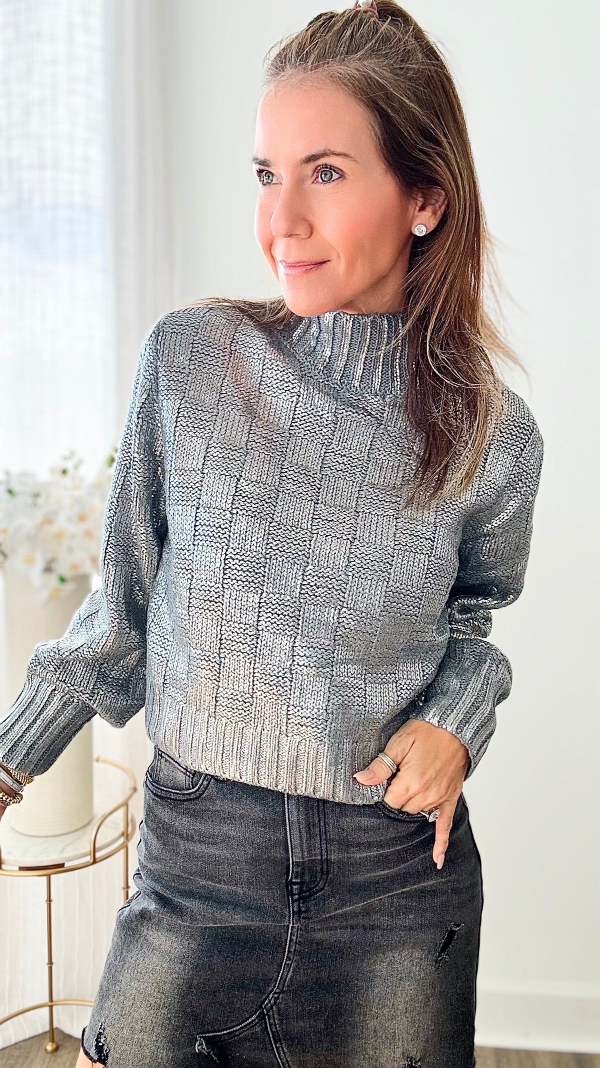 Cropped Metallic Italian Sweater - Silver-140 Sweaters-Germany-Coastal Bloom Boutique, find the trendiest versions of the popular styles and looks Located in Indialantic, FL