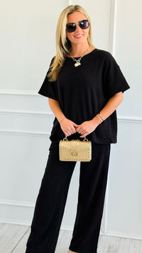 Relax Mode Two-Piece Slub Knit Set - Black-210 Loungewear/Sets-Zenana-Coastal Bloom Boutique, find the trendiest versions of the popular styles and looks Located in Indialantic, FL