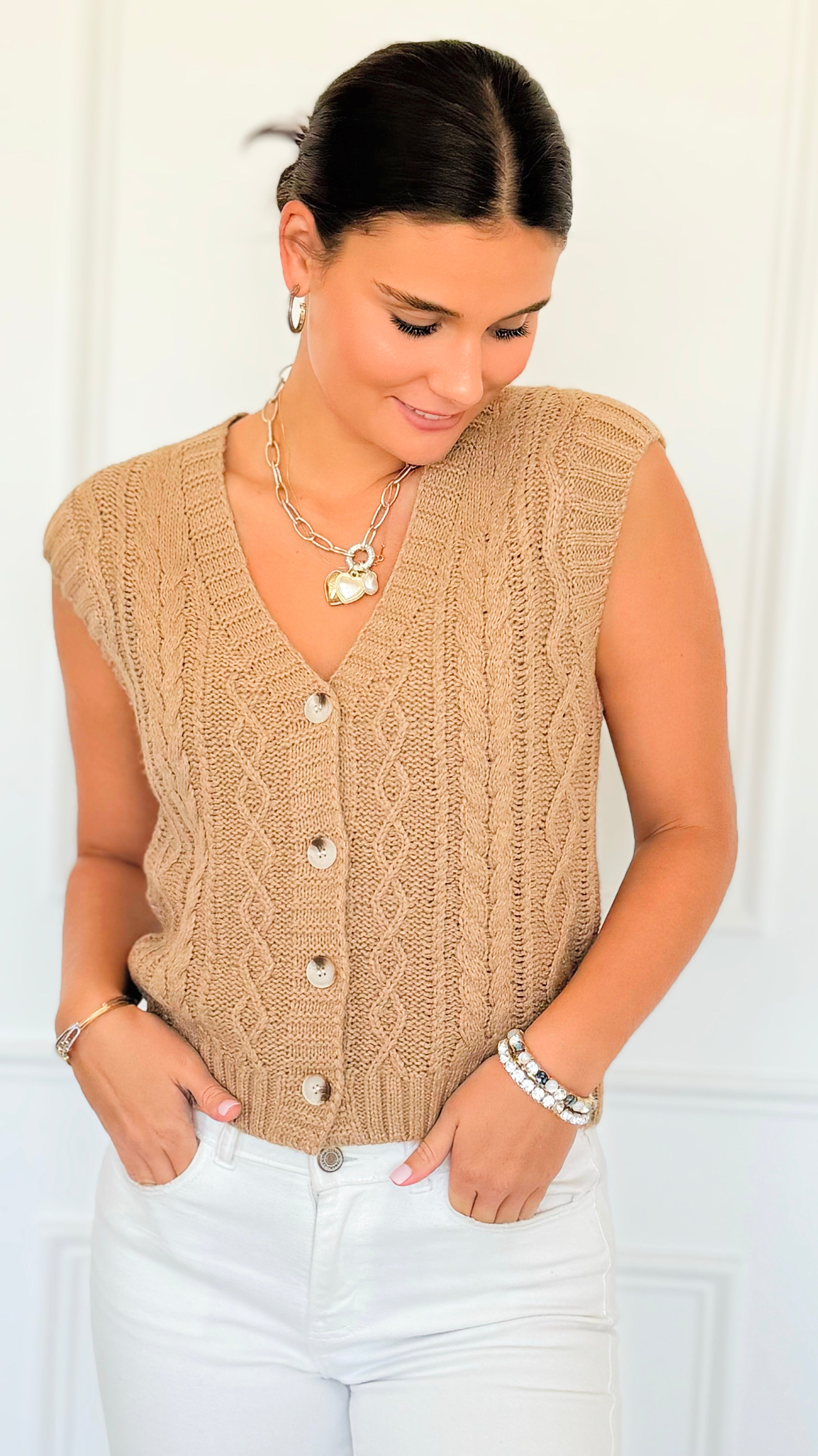 Chunky Cable Sweater Vest - Camel-150 Cardigans/Layers-Be Cool-Coastal Bloom Boutique, find the trendiest versions of the popular styles and looks Located in Indialantic, FL