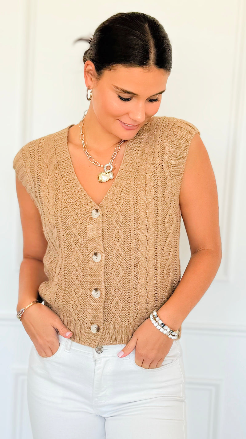 Chunky Cable Sweater Vest - Camel-150 Cardigans/Layers-Be Cool-Coastal Bloom Boutique, find the trendiest versions of the popular styles and looks Located in Indialantic, FL