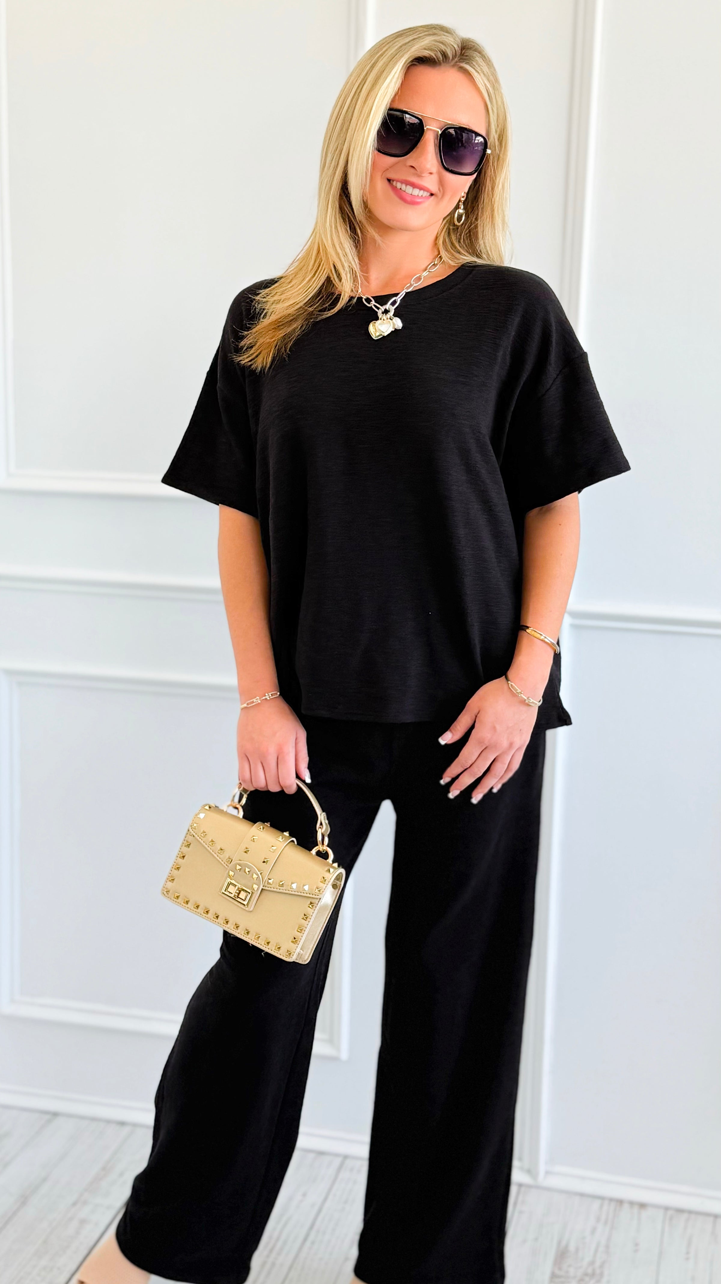 Relax Mode Two-Piece Slub Knit Set - Black-210 Loungewear/Sets-Zenana-Coastal Bloom Boutique, find the trendiest versions of the popular styles and looks Located in Indialantic, FL