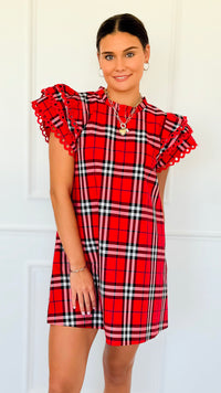 Plaid Ruffle Sleeve Dress - Red Mix-200 Dresses/Jumpsuits/Rompers-Jodifl-Coastal Bloom Boutique, find the trendiest versions of the popular styles and looks Located in Indialantic, FL