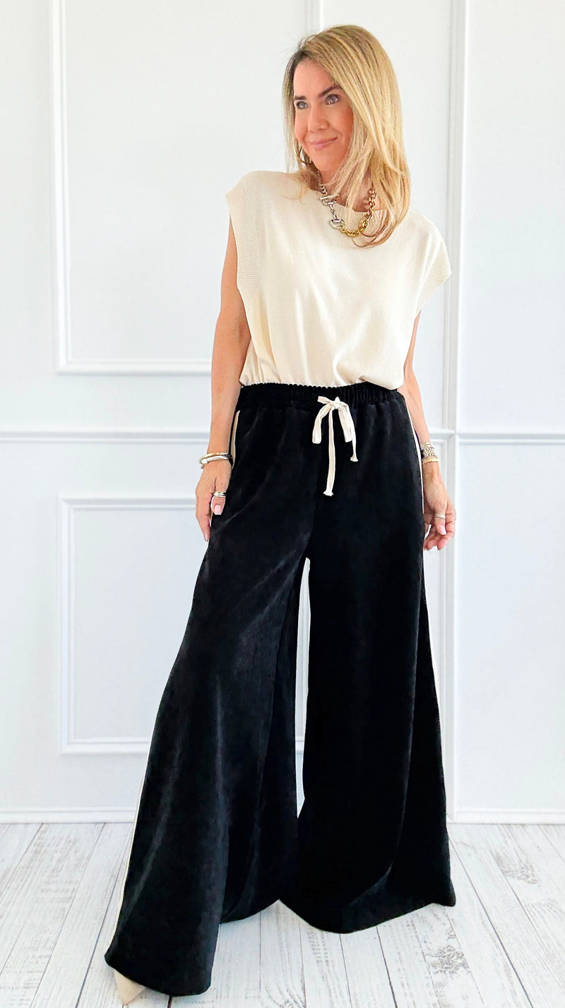 Tracked Threads Italian Palazzo- Black-100 Pants-AZUL MONACO-Coastal Bloom Boutique, find the trendiest versions of the popular styles and looks Located in Indialantic, FL