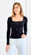 Heart Accent Sweetheart Knit - Black-130 Long Sleeve Set-Timing-Coastal Bloom Boutique, find the trendiest versions of the popular styles and looks Located in Indialantic, FL