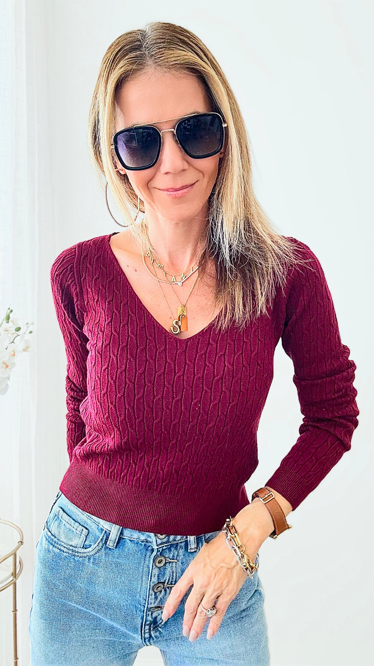 Ribbed V Neck Sweater - Burgundy-140 Sweaters-Michel-Coastal Bloom Boutique, find the trendiest versions of the popular styles and looks Located in Indialantic, FL