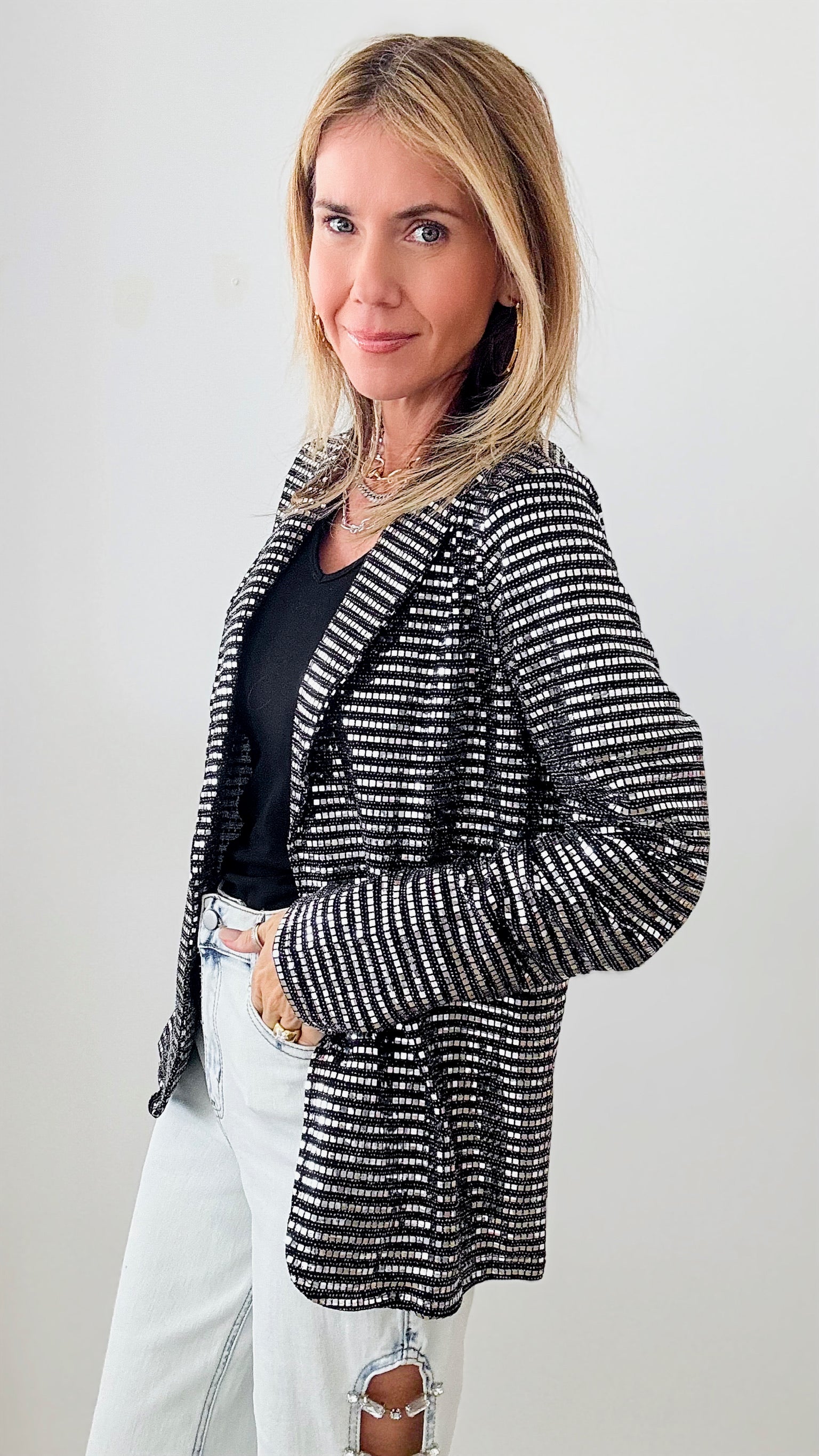 Mirror Ball Open Blazer-160 Jackets-ROUSSEAU-Coastal Bloom Boutique, find the trendiest versions of the popular styles and looks Located in Indialantic, FL