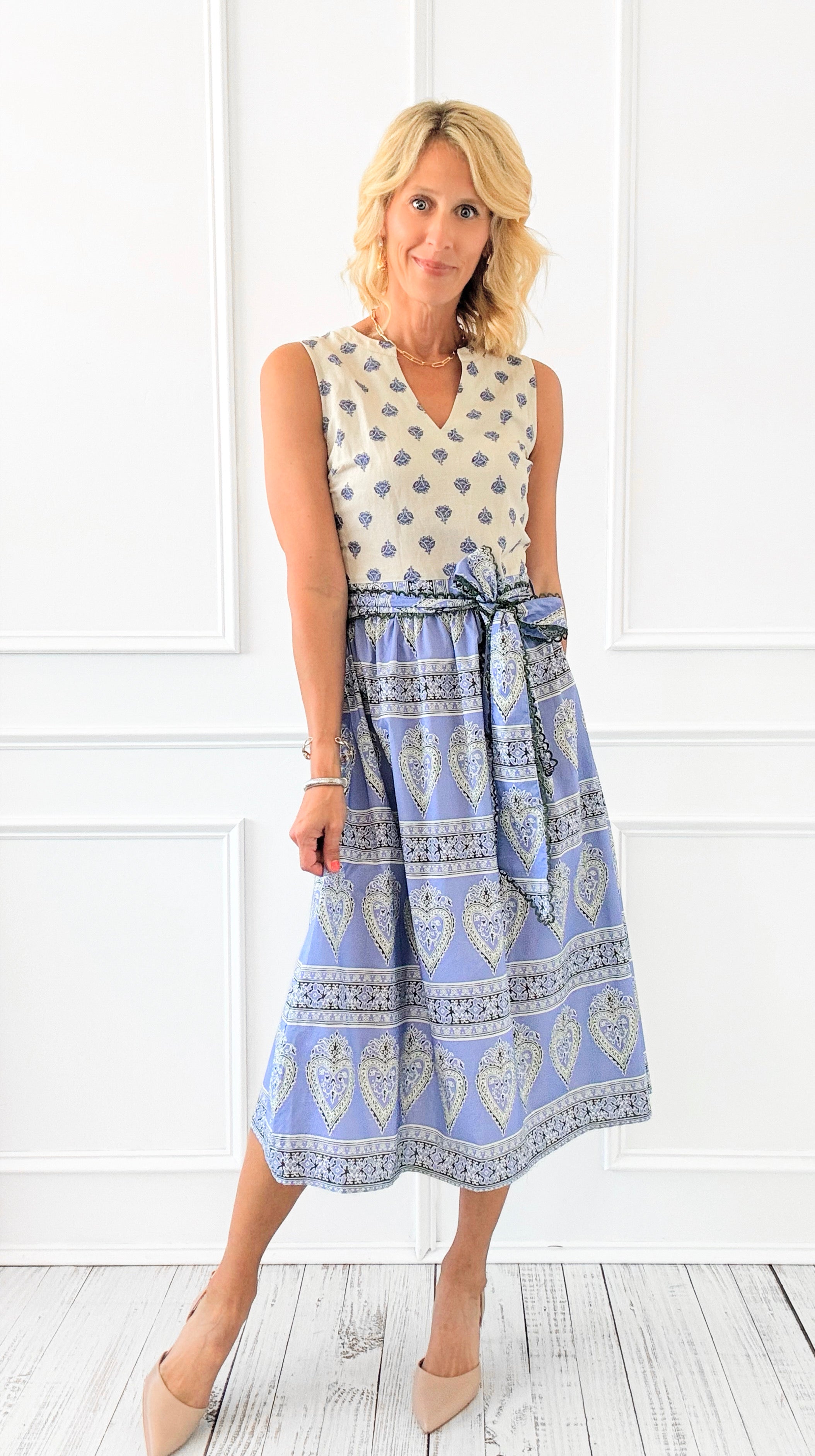 Santorini Breeze Waist Tie Midi Dress-200 Dresses/Jumpsuits/Rompers-VOY-Coastal Bloom Boutique, find the trendiest versions of the popular styles and looks Located in Indialantic, FL