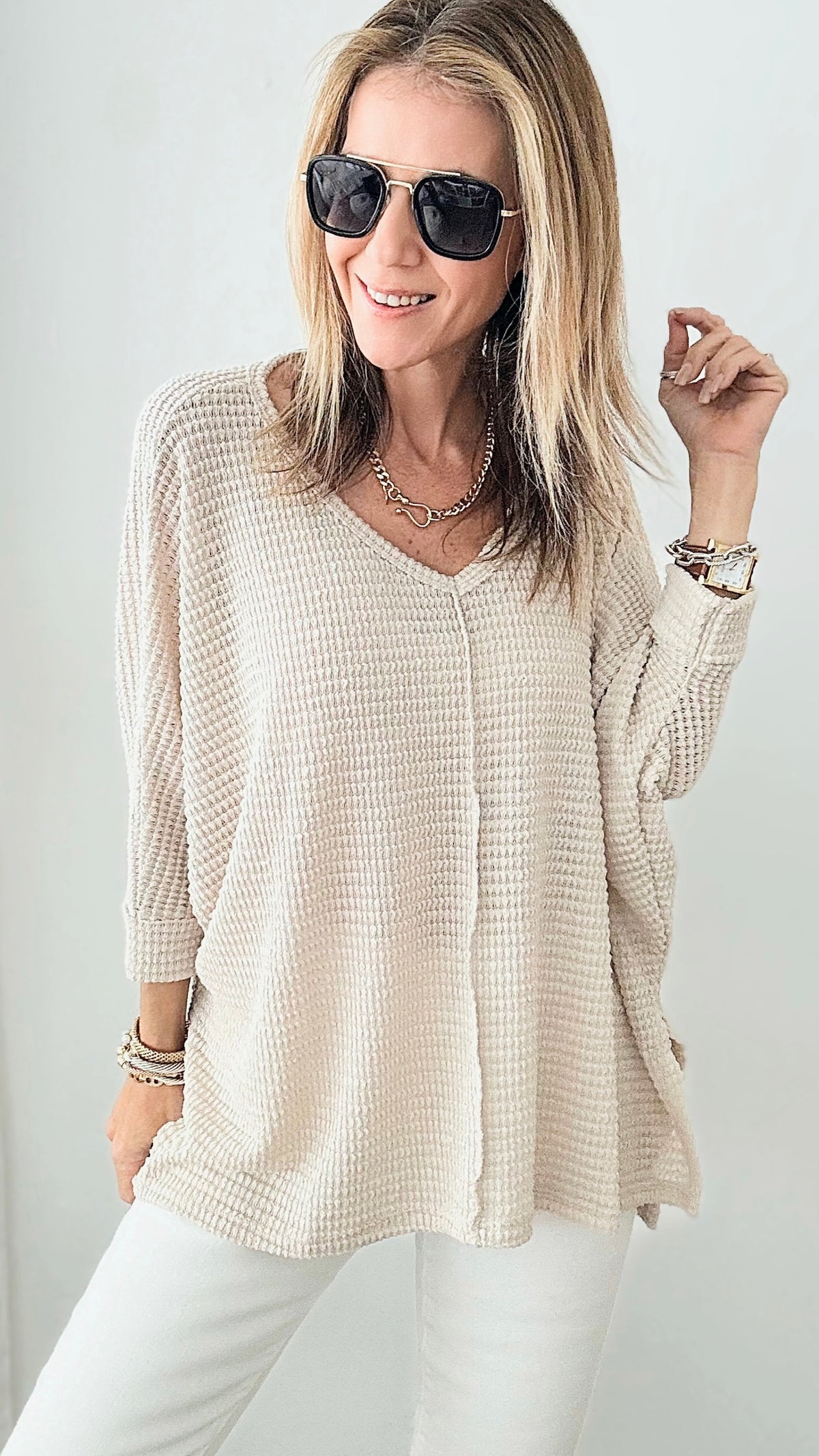 Hi-Low Hem Jacquard Sweater - Sand Beige-140 Sweaters-Zenana-Coastal Bloom Boutique, find the trendiest versions of the popular styles and looks Located in Indialantic, FL