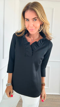 3/4 Sleeves Ruffled Neck Blouse - Black-130 Long Sleeve Tops-Gretchen Scott-Coastal Bloom Boutique, find the trendiest versions of the popular styles and looks Located in Indialantic, FL