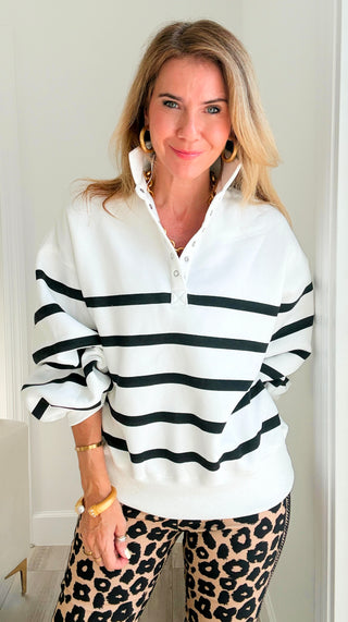 Striped Snap Sweater -  White/Black