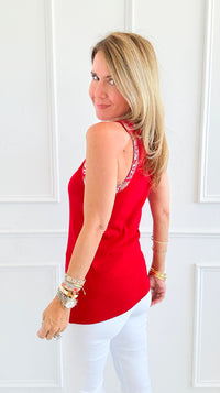 Metallic Foil Detailed Ribbed Italian Tank - Red/ Silver-100 Sleeveless Tops-Italianissimo-Coastal Bloom Boutique, find the trendiest versions of the popular styles and looks Located in Indialantic, FL