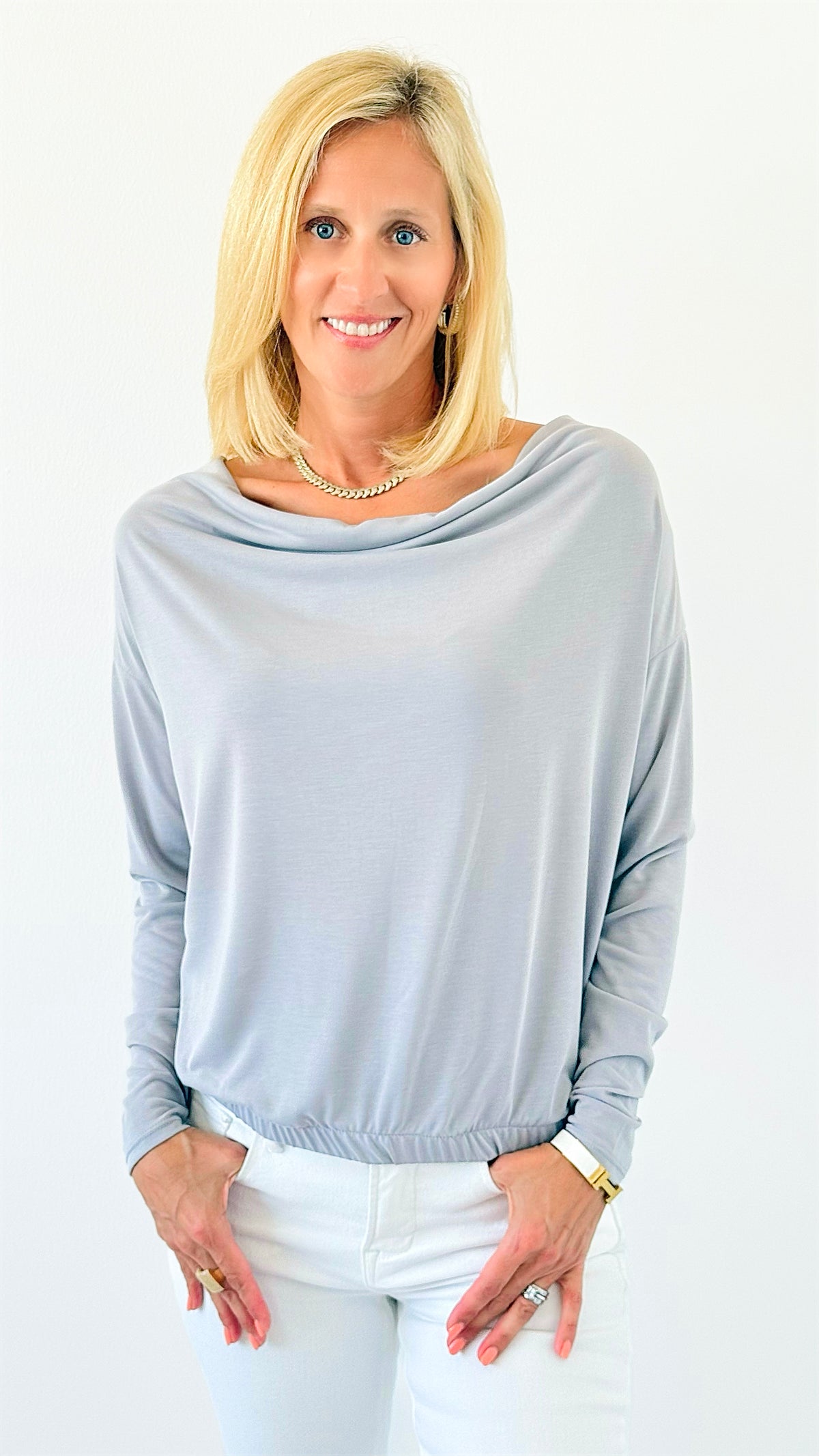Draped Desire Everywhere Cowl Neck Top - Silver-110 Long Sleeve Tops-Ariella-Coastal Bloom Boutique, find the trendiest versions of the popular styles and looks Located in Indialantic, FL
